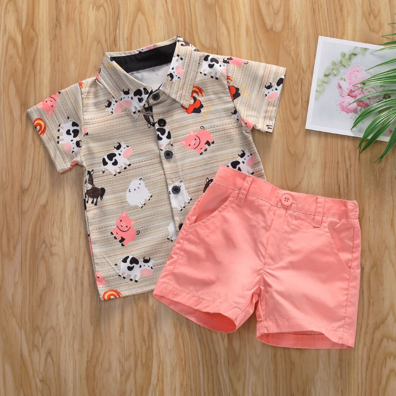 

lovely Trendy Cartoon Print Pink Boy Two-piece Shorts Set