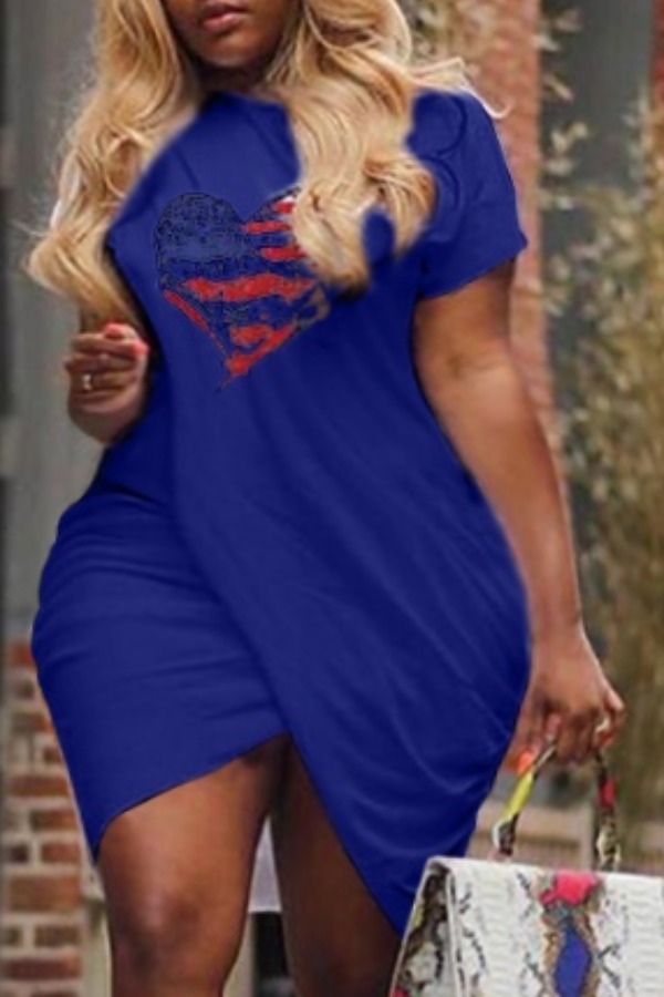 

lovely Casual Pritn Blue Mini Plus Size Dress