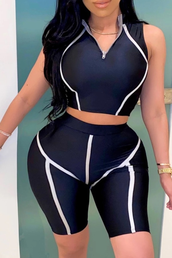 

lovely Sportswear Zipper Design Black Plus Size Two-piece Shorts Set
