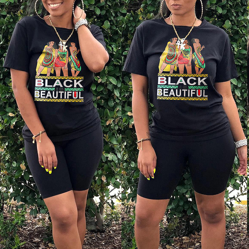 

lovely Leisure Print Black Plus Size Two-piece Shorts Set