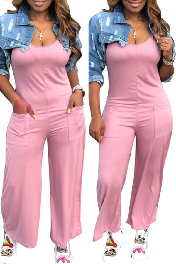 

Lovely Leisure Pocket Patched Pink One-piece Jumpsuit