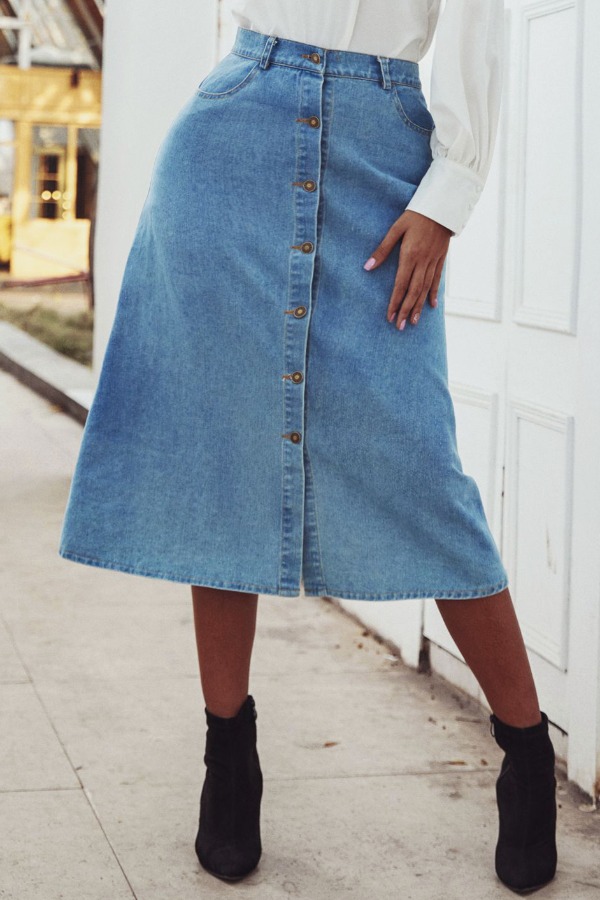 

lovely Stylish Buttons Design Blue Skirt