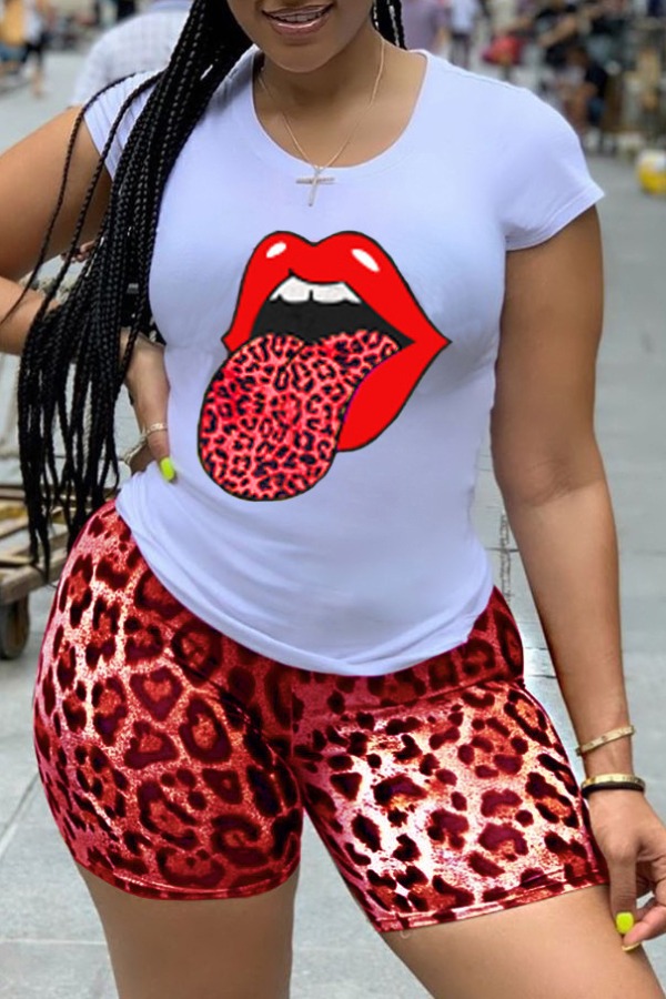 

LW Leisure Lip Print Red Two-piece Shorts Set