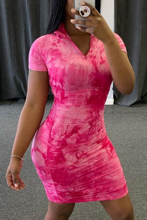 

lovely Trendy V Neck Tie-dye Red Mini Dress