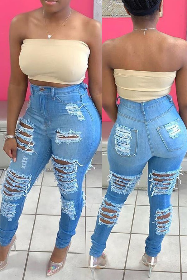 

LW Stylish Hollow-out Baby Blue Jeans