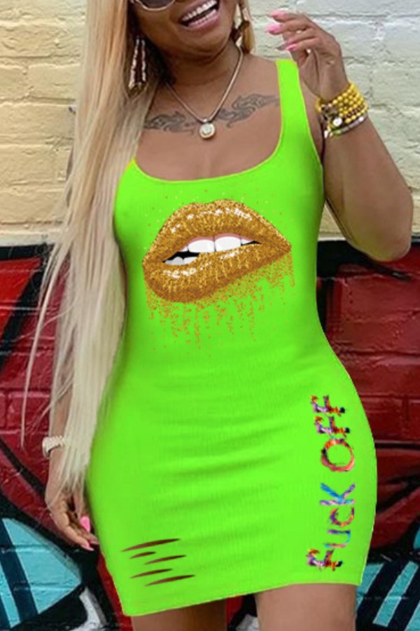 

lovely Casual Lip Print Green Mini Dress