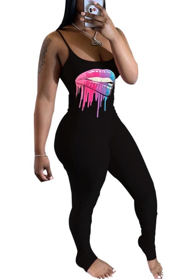 

lovely Casual Lip Print Black One-piece Jumpsuit