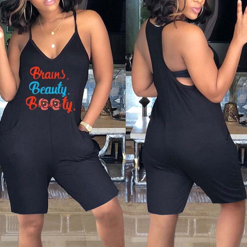 

lovely Leisure Letter Print Black One-piece Romper