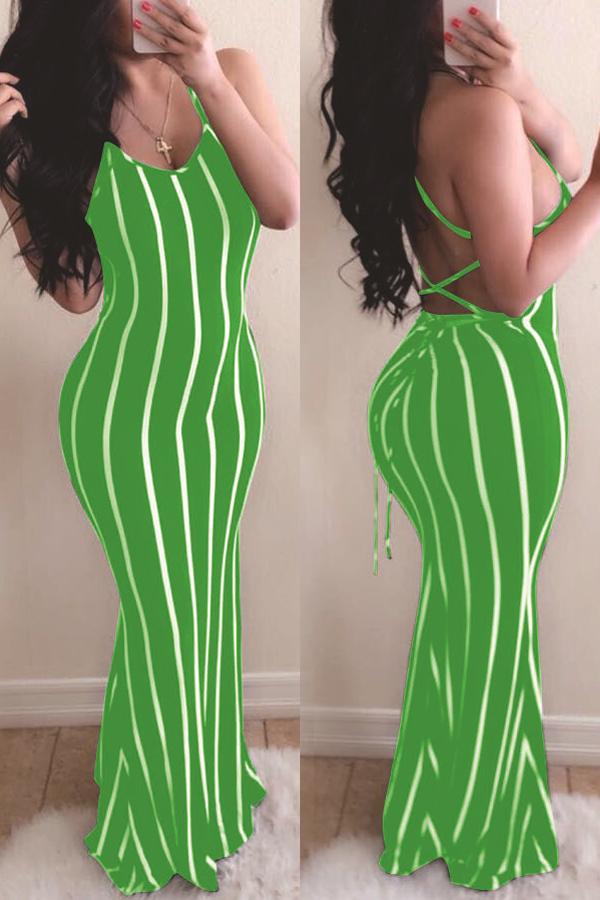 

lovely Sexy Striped Green Maxi Dress