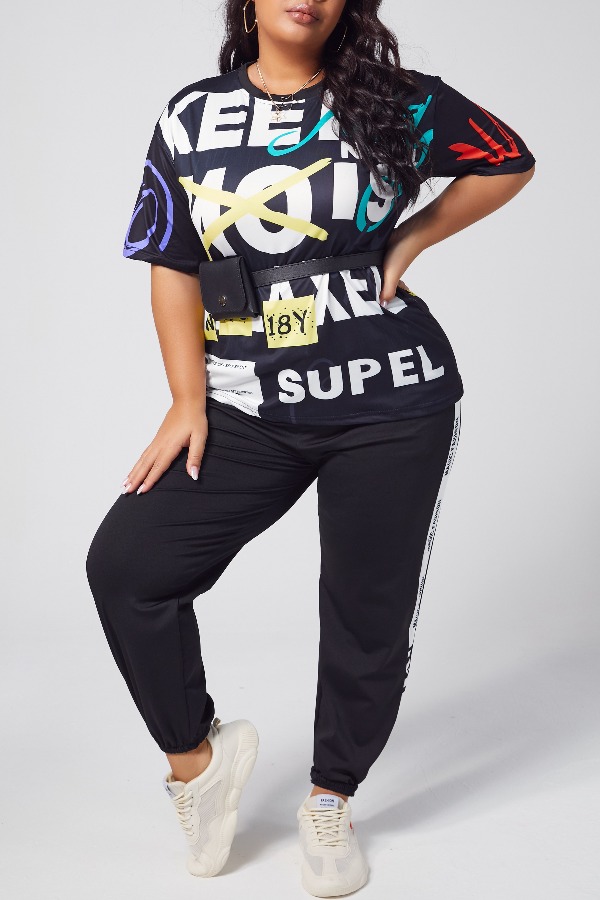 

Lovely Leisure Letter Print Black Plus Size Two-piece Pants Set