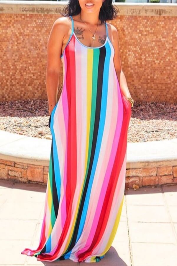 

Lovely Casual Striped Multicolor Maxi Dress, Multi