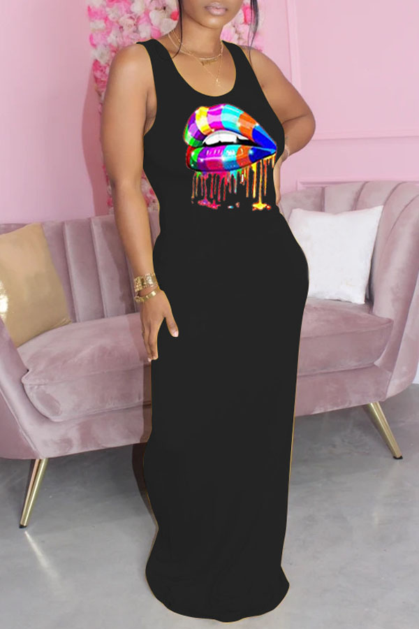 

lovely Casual Lip Print Black Maxi Dress