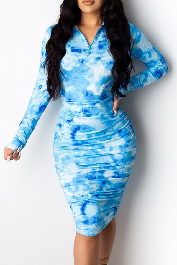 

lovely Leisure Tie-dye Blue Knee Length Dress
