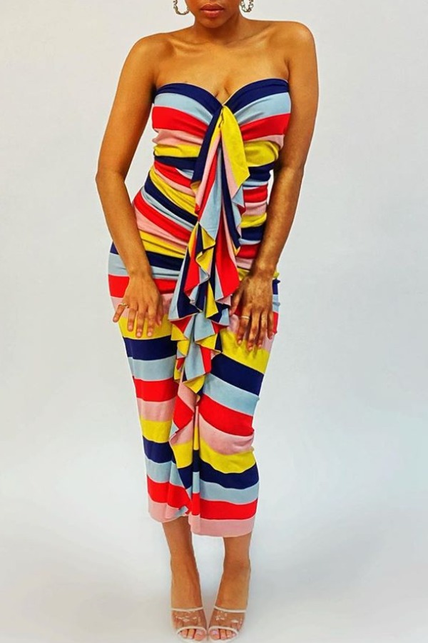 

lovely Stylish Dew Shoulder Striped Multicolor Ankle Length Dress, Multi
