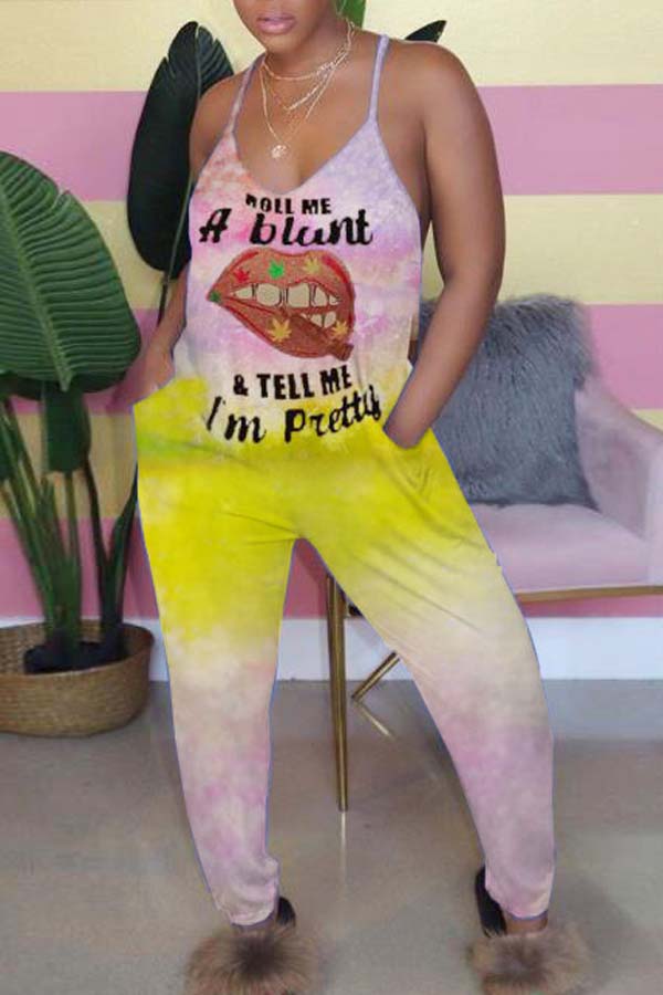 

lovely Leisure Lip Print Yellow One-piece Jumpsuit