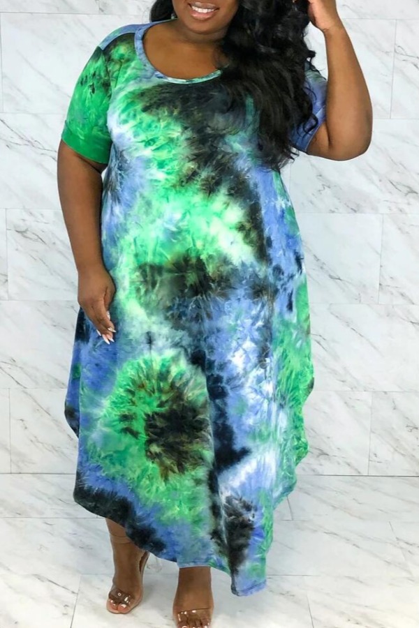 

lovely Casual Tie-dye Asymmetrical Green Ankle Length Plus Size Dress