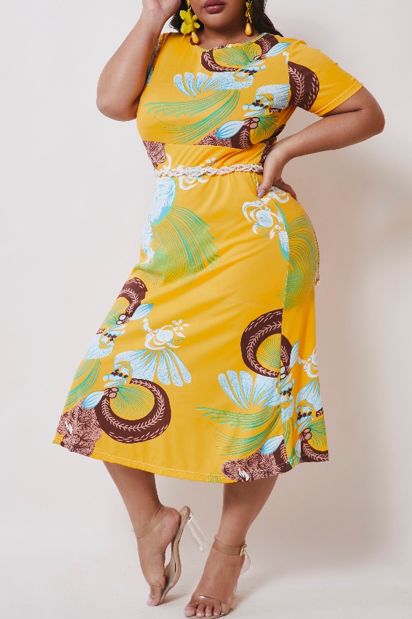 

lovely Casual Print Yellow Mid Calf Plus Size Dress