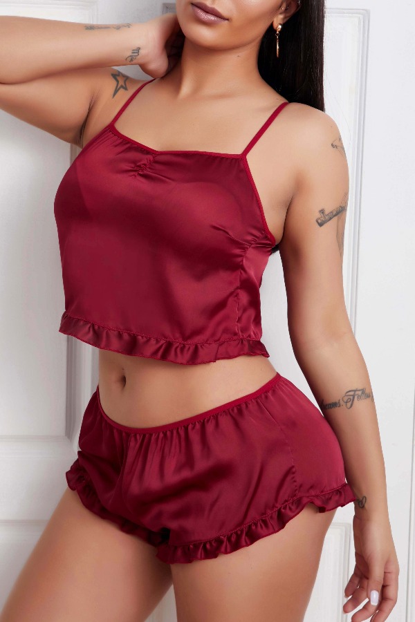 

lovely Casual Flounce Design Red Sleepwear