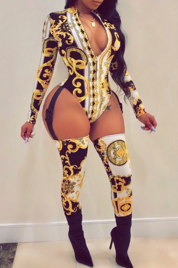 

Lovely Stylish Print Yellow Plus Size One-piece Jumpsuit