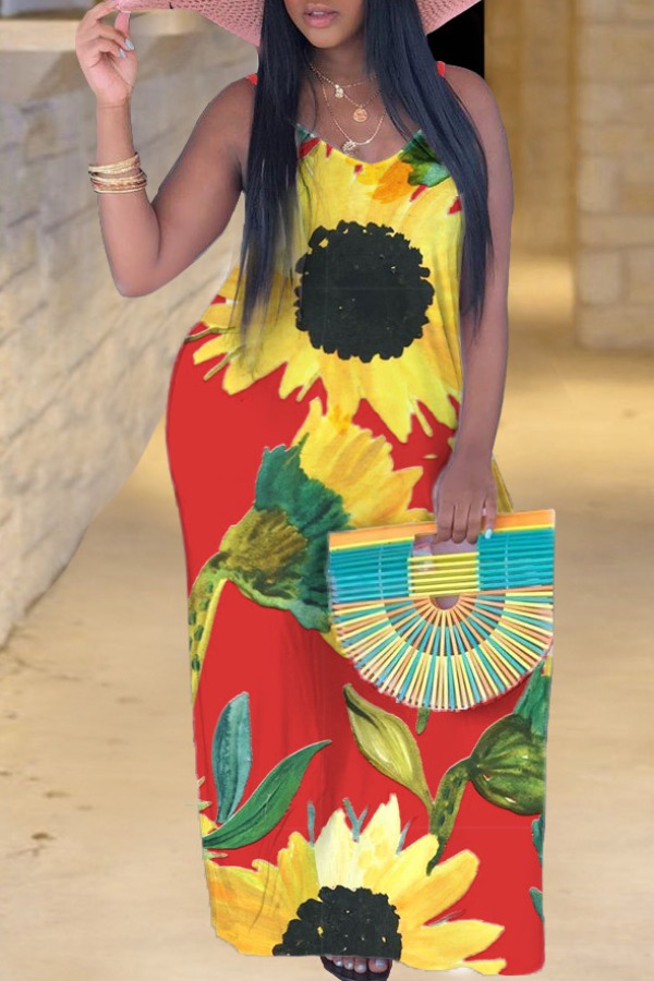 

Lovely Bohemian V Neck Sunflower Print Red Maxi Plus Size Dress