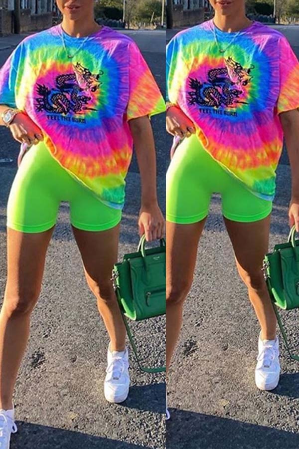 

lovely Casual O Neck Tie-dye Multicolor Two-piece Shorts Set, Multi