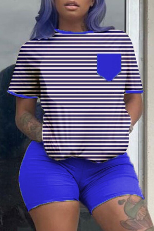 

Lovely Casual Striped Blue Two-piece Shorts Set