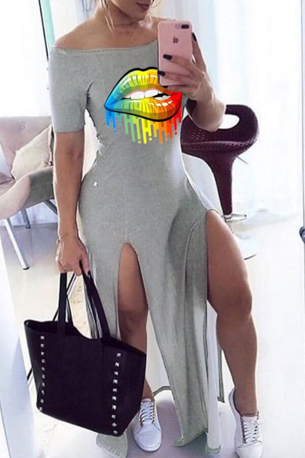 

Lovely Casual Lip Print Grey Maxi Dress