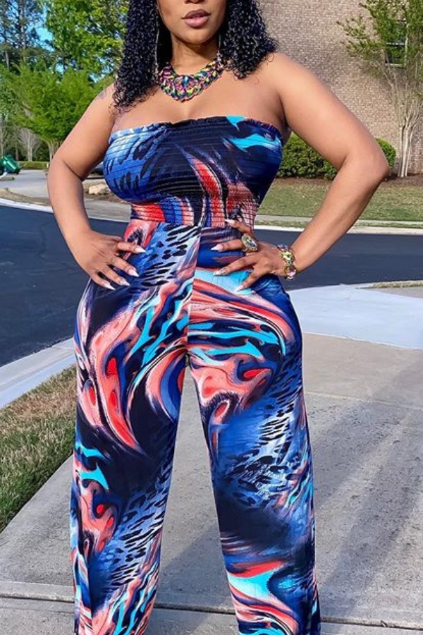 

lovely Stylish Dew Shoulder Print Blue One-piece Jumpsuit