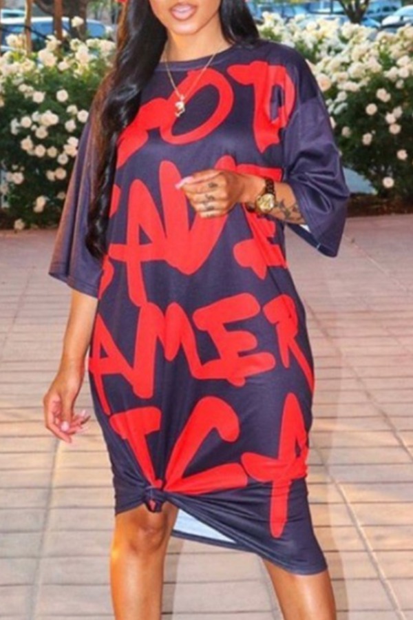 

lovely Leisure O Neck Letter Print Modena Knee Length Plus Size Dress