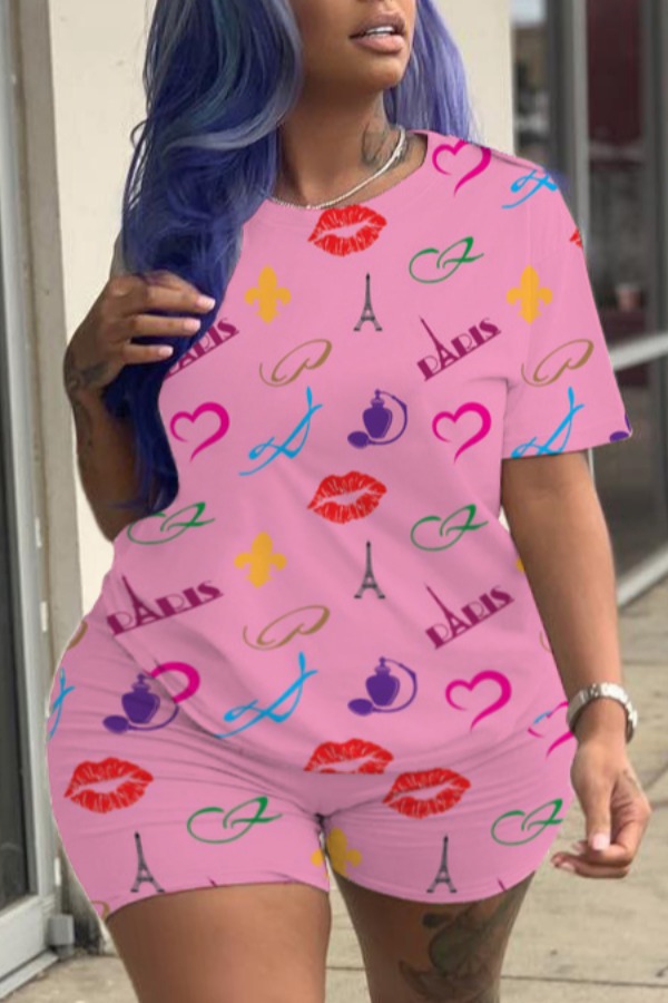 

lovely Casual Lip Print Pink Plus Size Two-piece Shorts Set