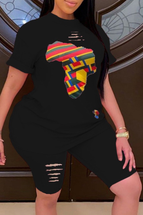 

Lovely Casual Print Black Plus Size Two-piece Shorts Set
