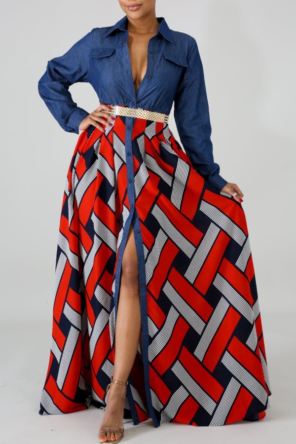 

lovely Casual Print Patchwork Red Maxi Dress