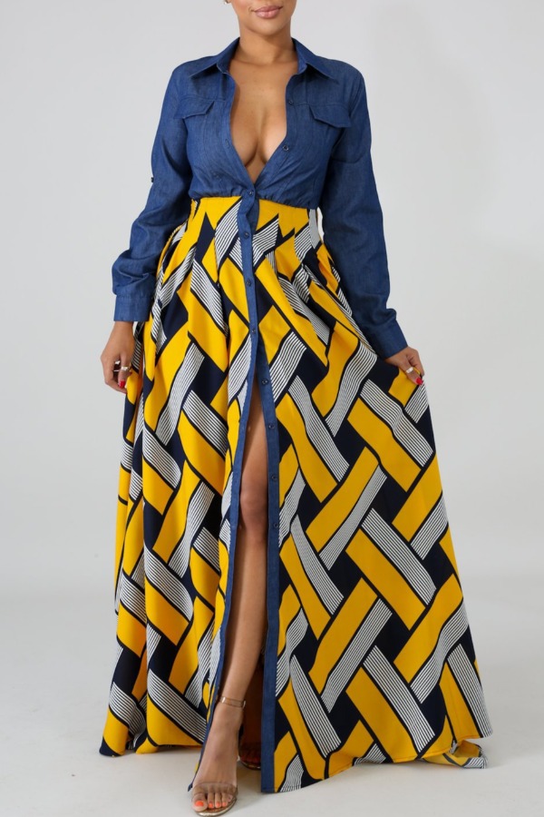 

lovely Casual Print Patchwork Yellow Maxi Dress