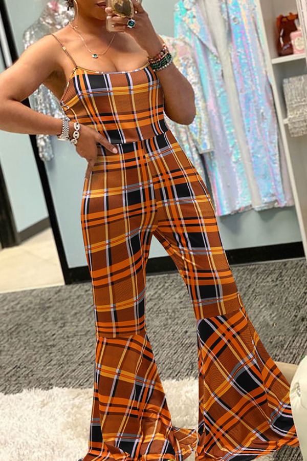 

lovely Stylish Grid Print Orange One-piece Jumpsuit