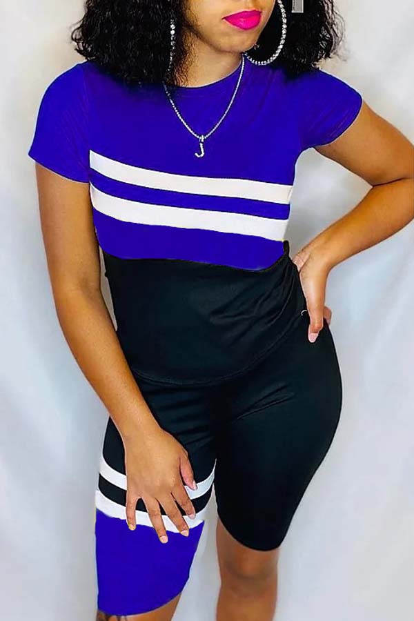 lovely Casual Patchwork Blue Two-piece Shorts Set