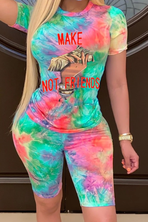 

lovely Casual O Neck Tie-dye Green Two-piece Shorts Set
