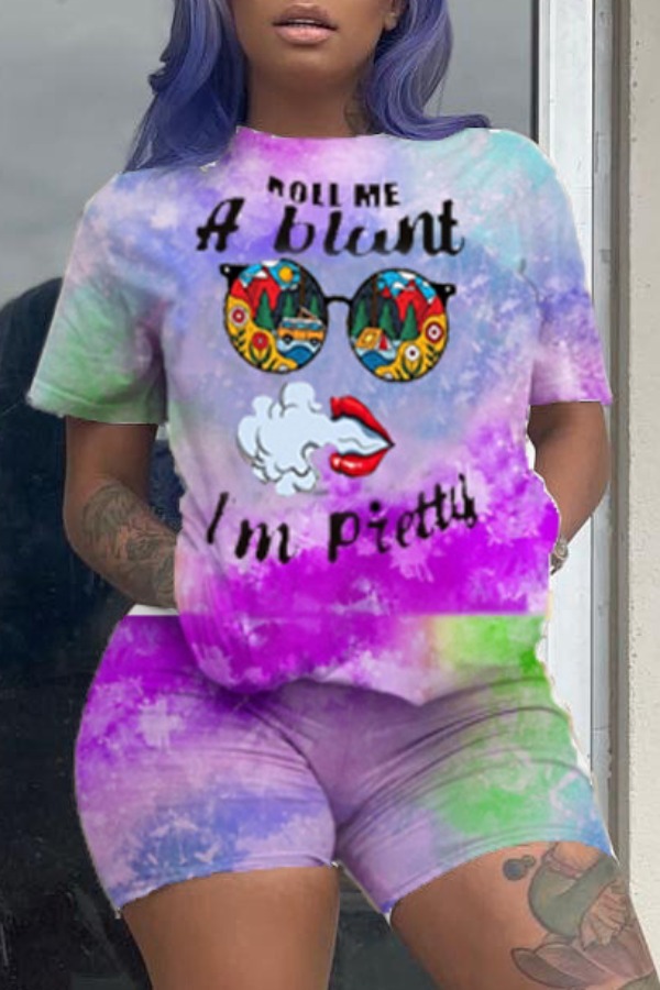 

Lovely Casual O Neck Print Purple Two-piece Shorts Set