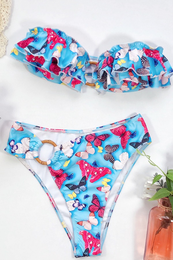 lovely Butterfly Print Blue Two-piece Swimsuit_Bikinis_Swimsuit ...