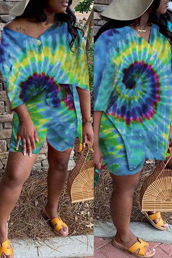 

lovely Casual Tie-dye Blue Plus Size Two-piece Shorts Set