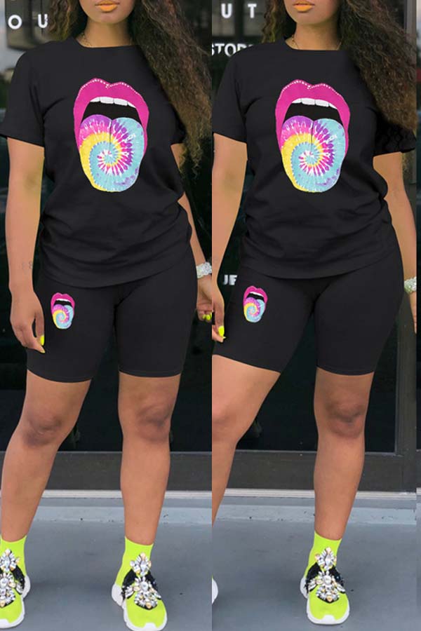 lovely Casual Lip Print Black Two-piece Shorts Set