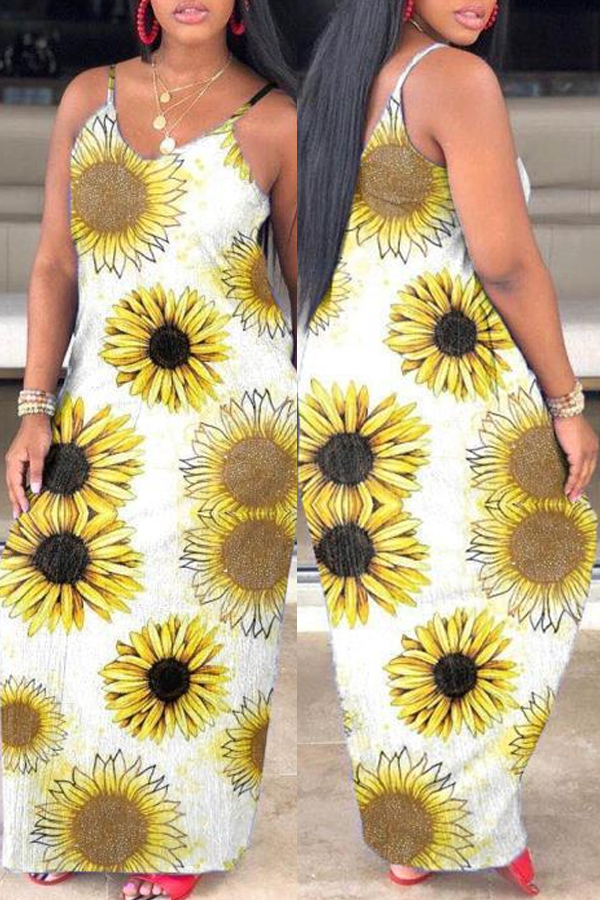 lovely Trendy Print Yellow Maxi Dress