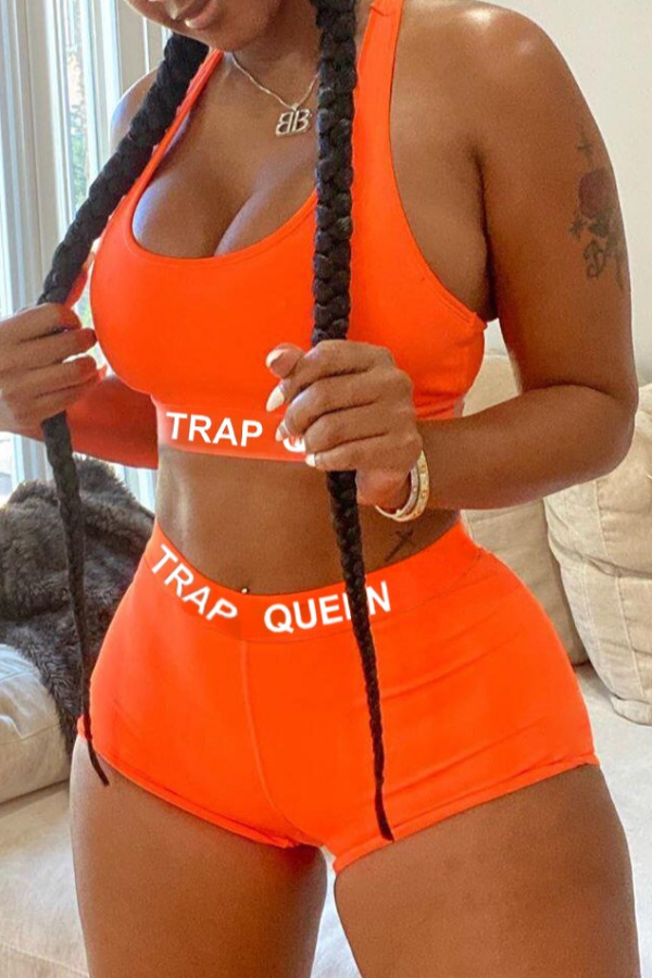 

lovely Sportswear U Neck Letter Orange Plus Size Two-piece Shorts Set