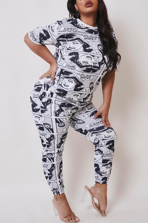 

lovely Casual Print Black Plus Size Two-piece Pants Set
