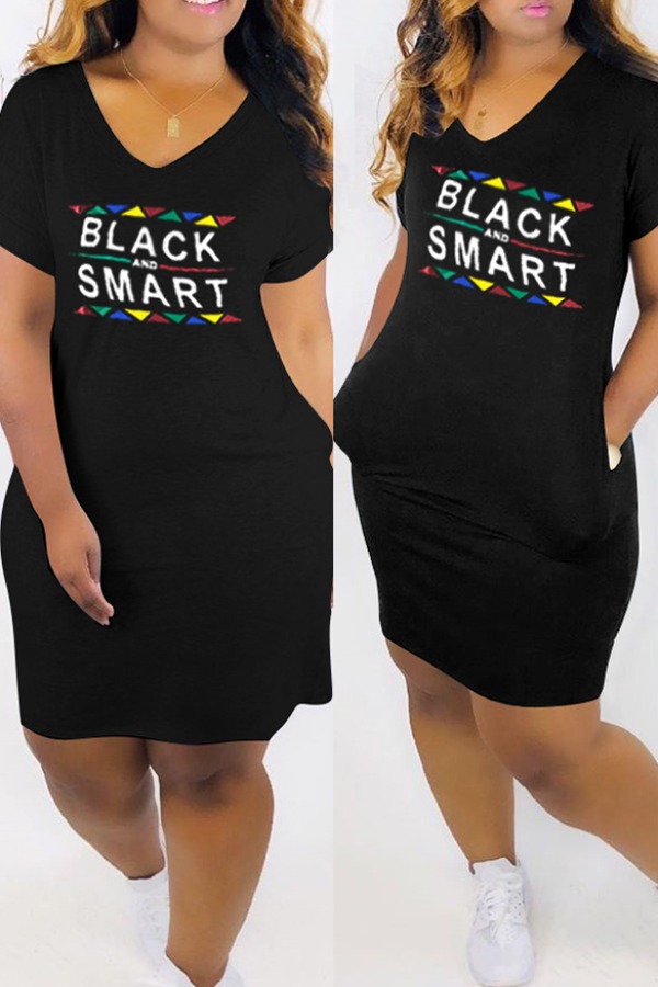 

lovely Casual Letter Print Black Mini Plus Size Dress