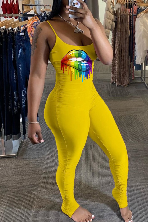 

lovely Trendy Lip Print Yellow One-piece Jumpsuit
