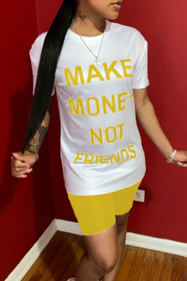 

lovely Sportswear Letter Print Yellow Two-piece Shorts Set