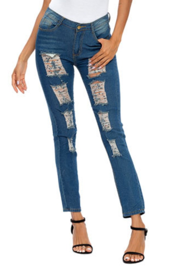

Lovely Casual Broken Holes Deep Blue Jeans