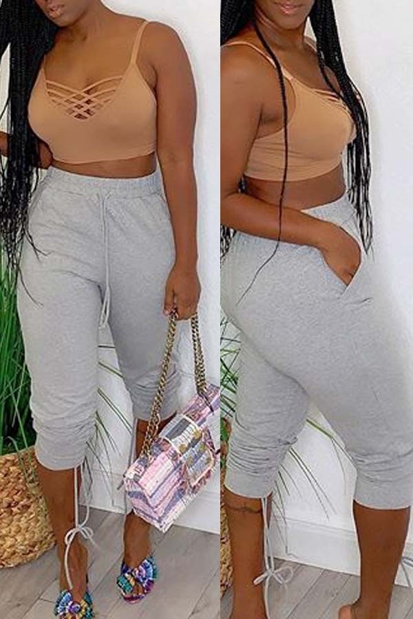

lovely Sportswear Lace-up Grey Plus Size Pants
