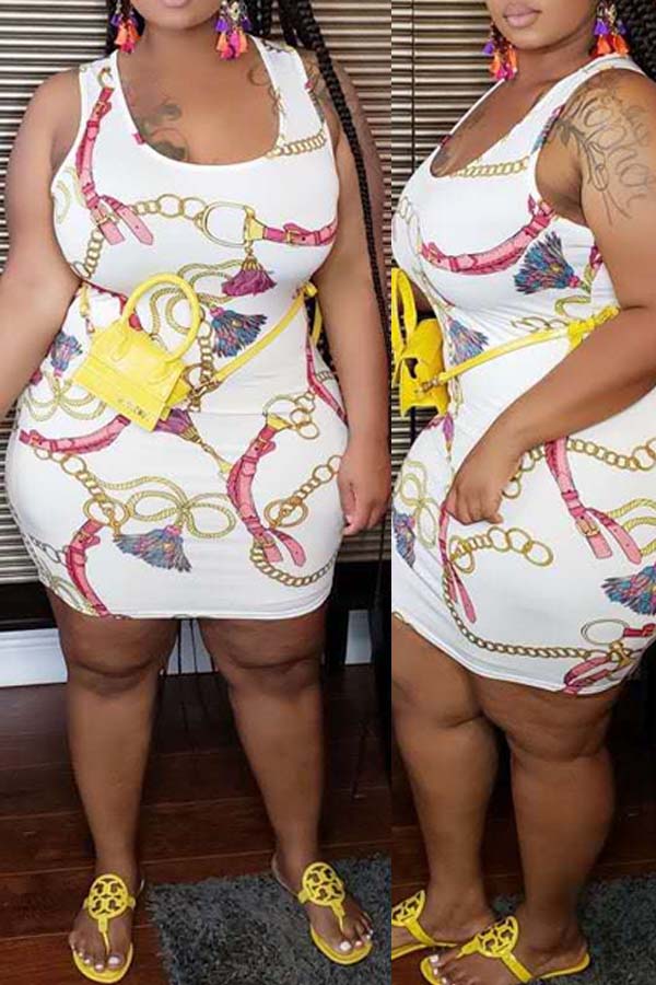 

lovely Casual Print White Mini Plus Size Dress