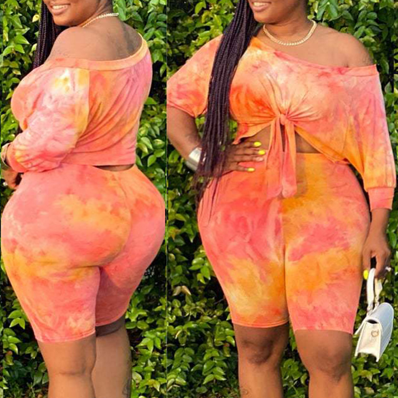 Lovely Casual O Neck Tie-dye Croci&nbsp;Plus Size Two-piece Shorts Set